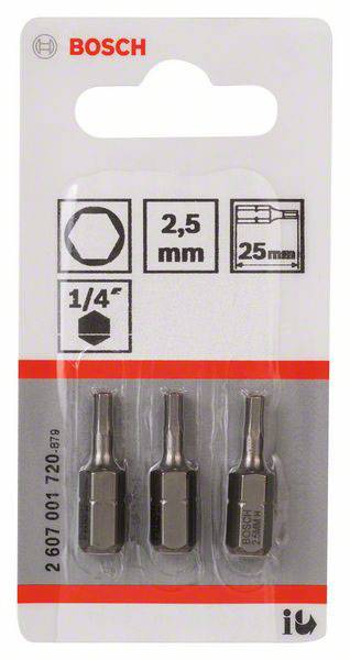 Een set van drie Bosch-schroevendraaierbitjes: 1/4" zeskant, 2,5 mm, 25 mm lang. Verpakking toont fabrikantslogo en productdetails.