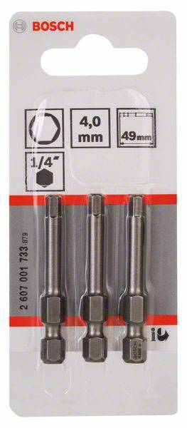 Drie Bosch zeskant-bit-schroevendraaiers 1/4" met 4,0 mm diameter en 49 mm lengte in een kunststof verpakking.