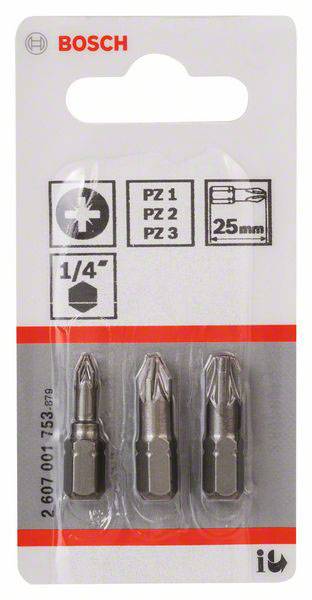 Drie Bosch kruiskop schroevendraaier bits, maten PZ1, PZ2, PZ3, op een blisterkaart.