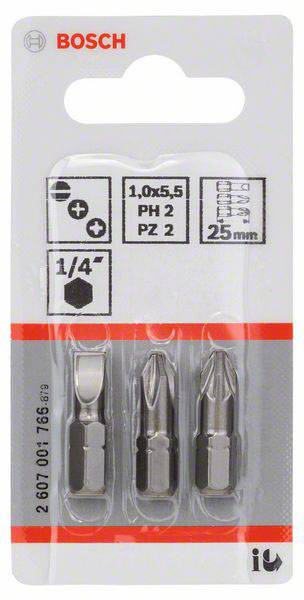 Bosch schroevendraaier-bitset, 3 stuks, bevat PH2 en PZ2 bits, lengte 25 mm, geschikt voor 1/4 inch zeskantaansluiting.