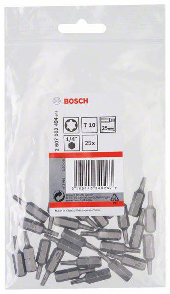 Tas met 25 Bosch schroevendraaier bits, maat T10, lengte 25 mm. Verpakking toont productbeschrijving en streepjescode.
