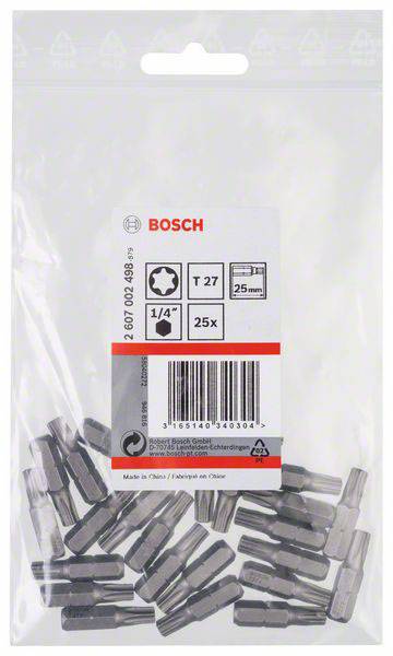 Een verpakking met schroeverbits van Bosch, model T27, 1/4 inch, 25 stuks.