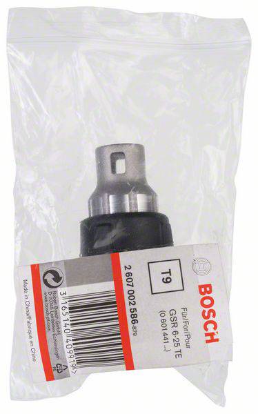 Een Bosch reserveonderdeel in een plastic verpakking, met het opschrift 'Voeding' en 'GSR12-15TE' op het etiket.