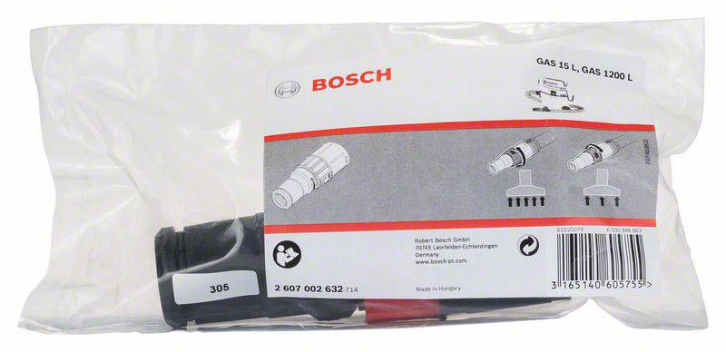 Bosch reserveonderdeel in verpakking. Opdruk toont model 'GAS 15 L, GAS 1200 L'. Handleiding en grafische gebruiksaanwijzingen zichtbaar.