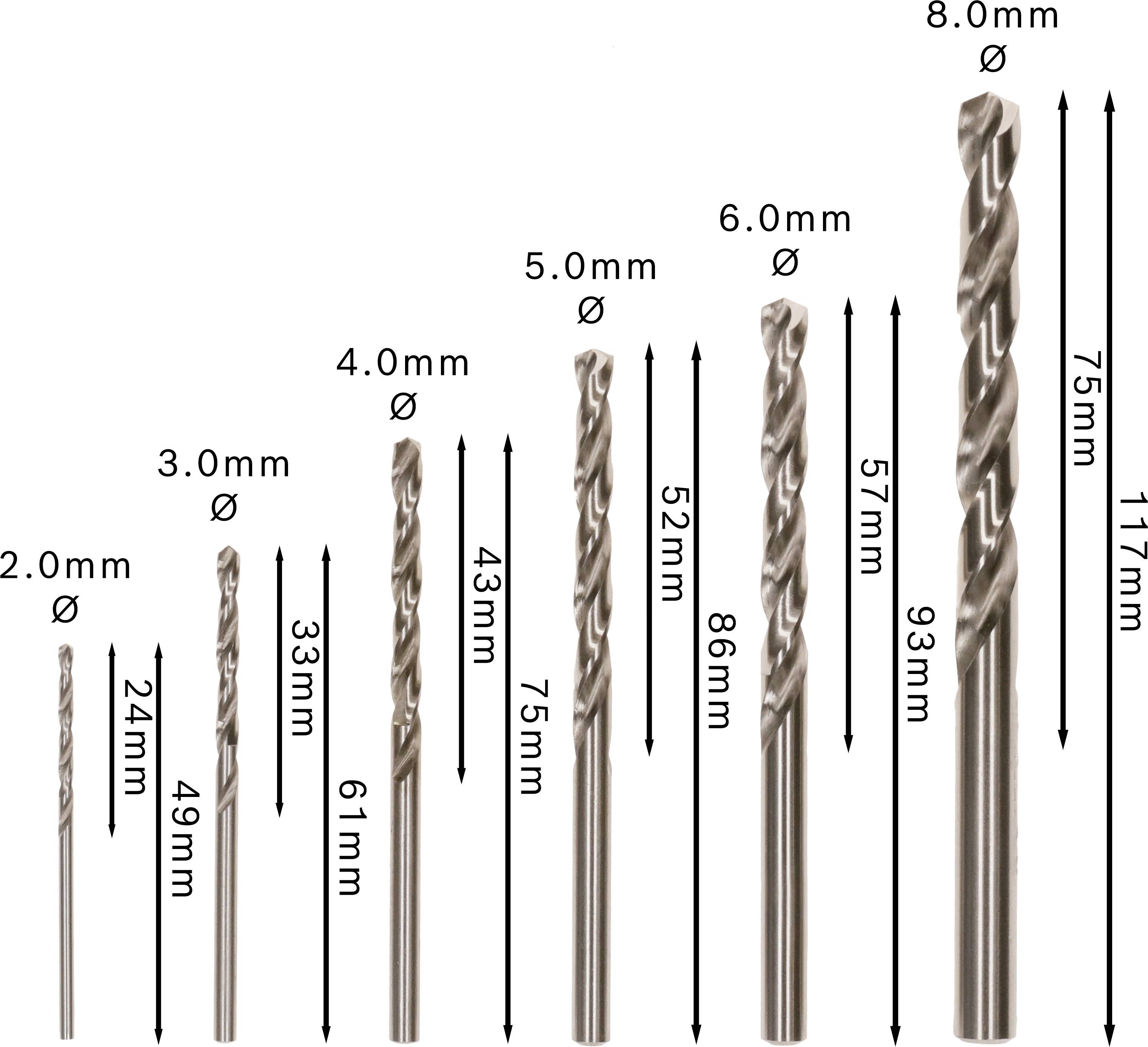 Afbeelding van boren in verschillende maten van 2,0 mm tot 8,0 mm diameter, met lengtes van 24 mm tot 117 mm, gerangschikt naar oplopende grootte.