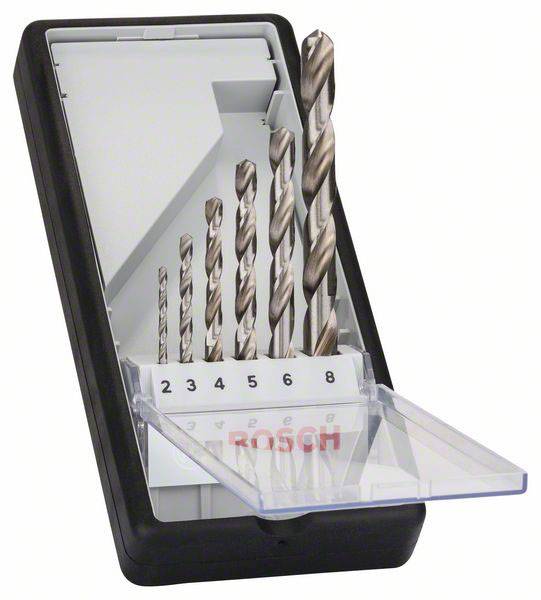 Een set van zeven metalen boren in een zwarte kunststof behuizing. De maten variëren van 2 tot 8 mm en zijn voorzien van het opschrift 'Bosch'.