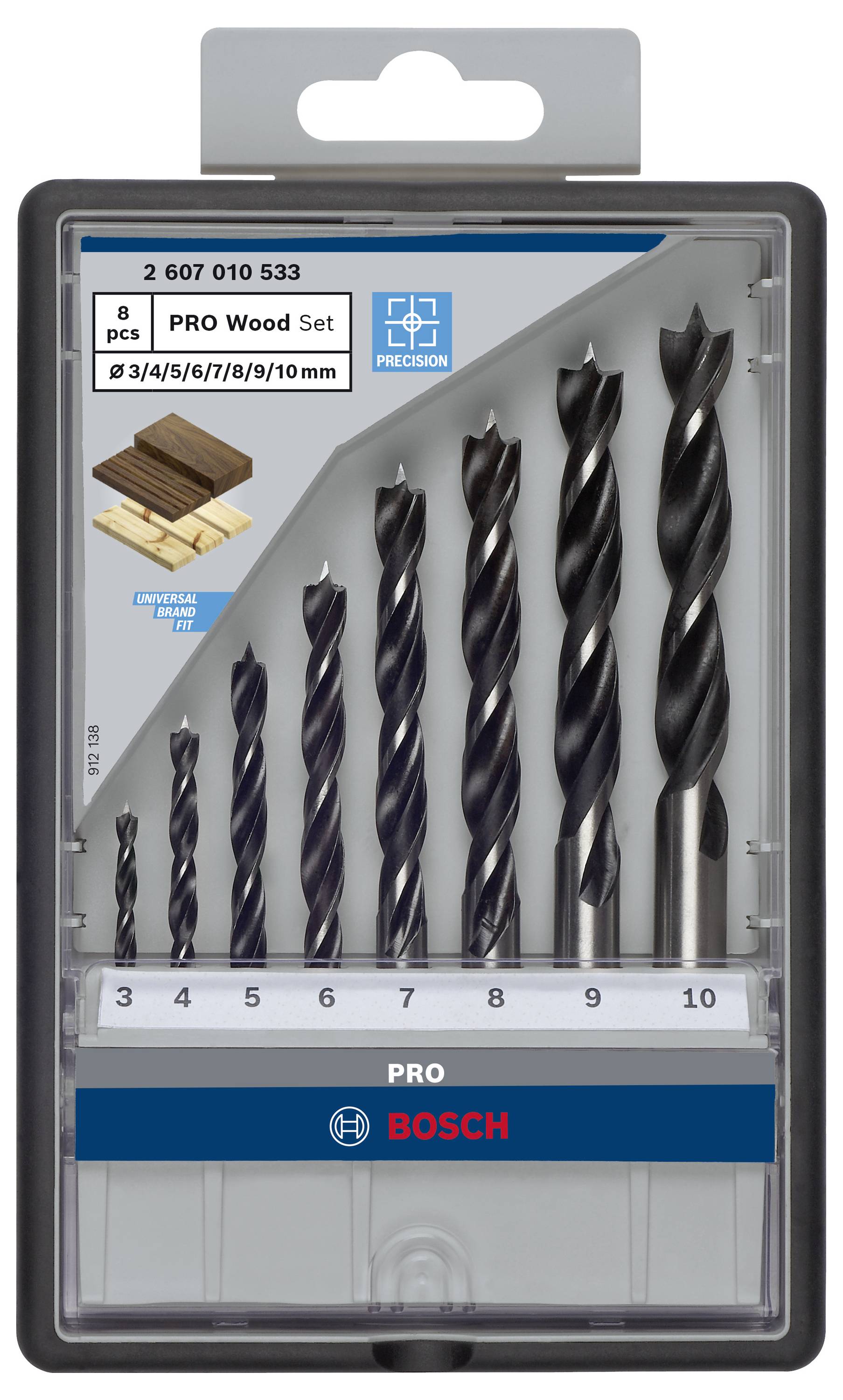 Bosch 8-delige PRO Wood boorset met spiraalboren. Maten: 3-10 mm, geschikt voor houtbewerking. Verpakking bevat boren in oplopende grootte.