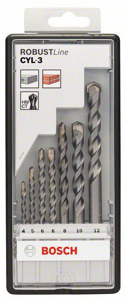'Bosch' borenset: zes steenboren in verschillende maten van 4 tot 12 mm. Verpakking met transparante deksel en logo.