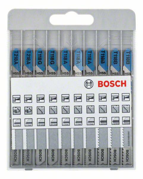 Set zaagbladen voor decoupeerzaag van Bosch, verschillende types voor metaal- en houtbewerking, met symbolen voor materiaalgebruik.