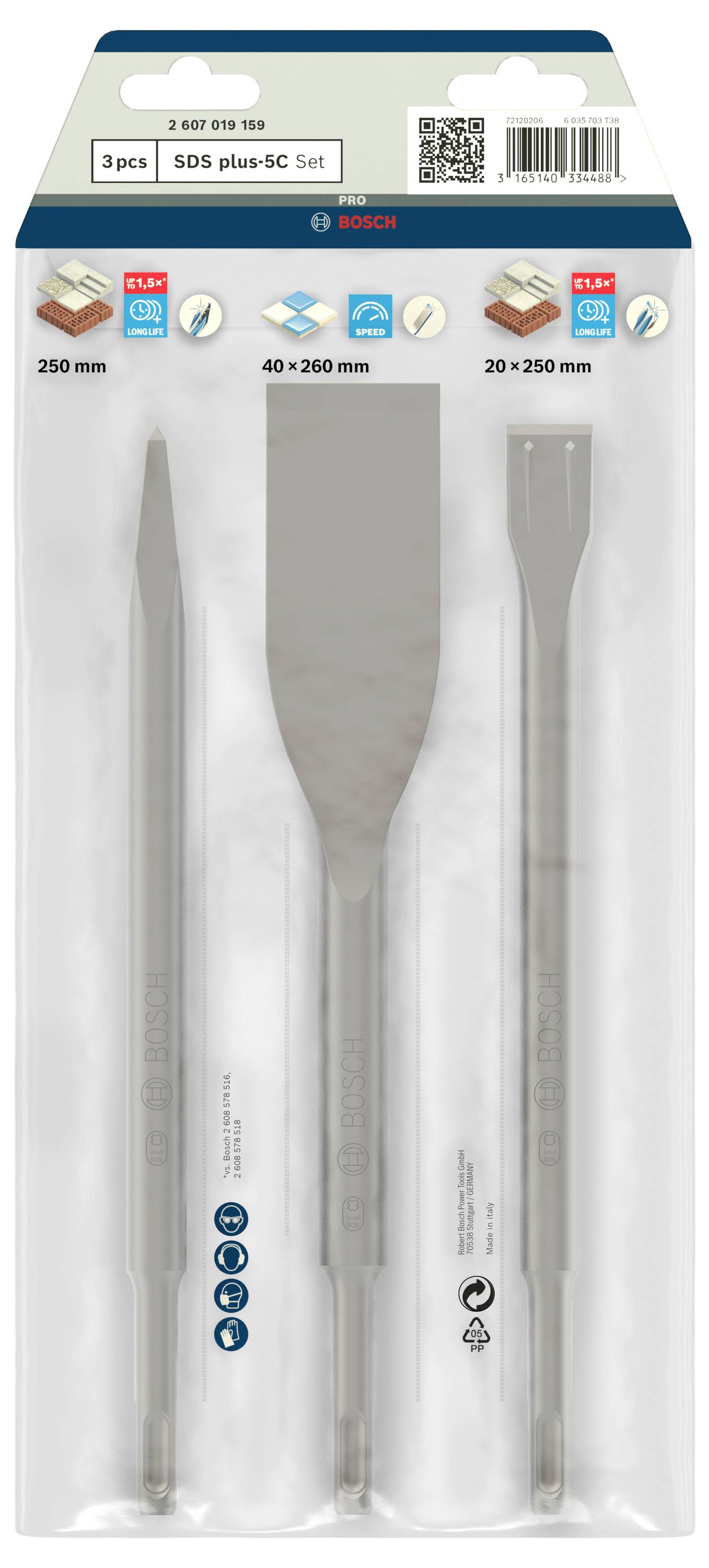 Drie Bosch beitels met SDS plus opname: platte beitel 250 mm, spadebeitel 40x260 mm, puntbeitel 250 mm. Geschikt voor metselwerk.