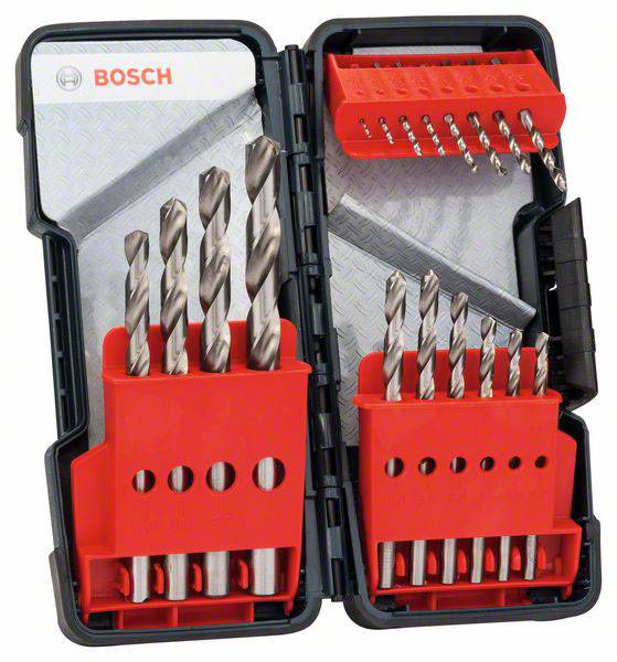 Een geopende etui met verschillende boren in rode houders, met het 'Bosch'-logo in de linkerbovenhoek.
