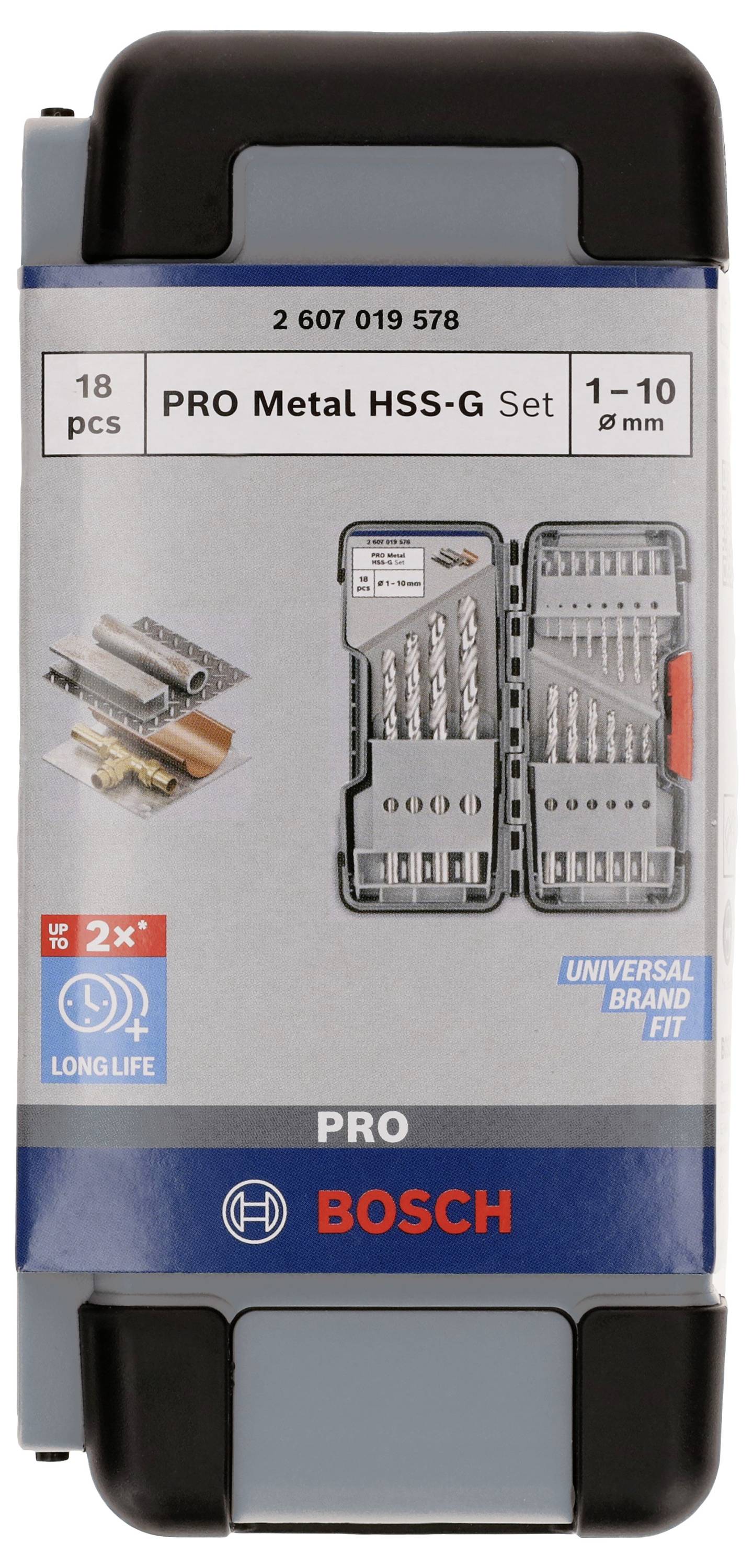 Borenset 'PRO Metal HSS-G' van Bosch, bevat 18 onderdelen voor metaalbewerking, maten 1-10 mm, verpakt in een stevige etui.