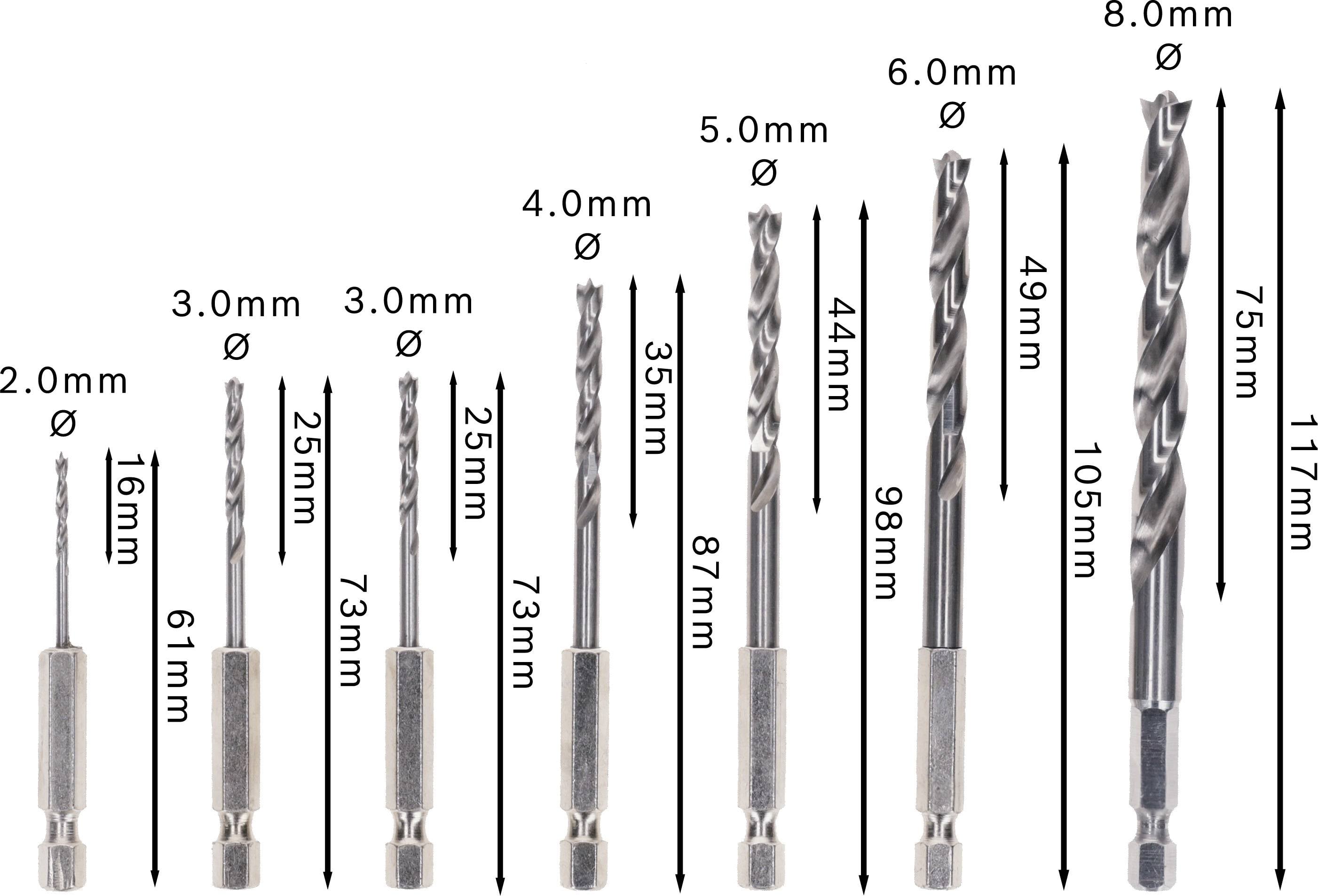 Een set boren in verschillende maten, van 2,0 mm tot 8,0 mm in diameter, met bijbehorende lengtespecificaties.