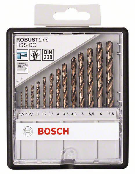 Boorbitset in een transparante doos, voorzien van het 'Bosch' logo. Tien spiraalboren in verschillende maten van 1,5 tot 6,5 mm.