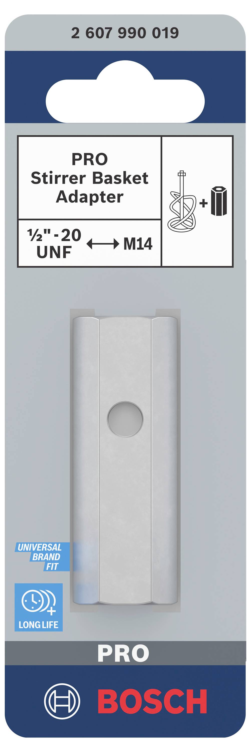 Verpakking van een Bosch PRO mengkorf-adapter, compatibel met 1/2"-20 UNF en M14, toont adapterafbeelding en logo's voor Universal Fit en lange levensduur.