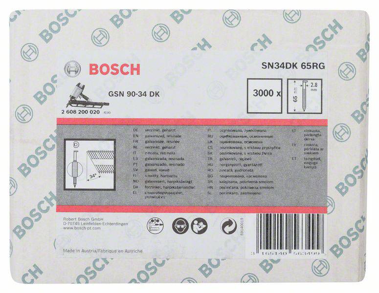 'Bosch SN34DK 65RG' verpakking met technische specificaties, 3000 pinnen, gedetailleerde gebruiksaanwijzingen, Vervaardigd in Oostenrijk.