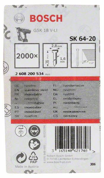 'Bosch SK 64-20 Nagels voor GSK 18 V-LI, 2000 stuks, Afmetingen: 38 mm lengte, 2,8 mm breedte, 1,6 mm hoogte. Oppervlaktekenmerken in meerdere talen.'