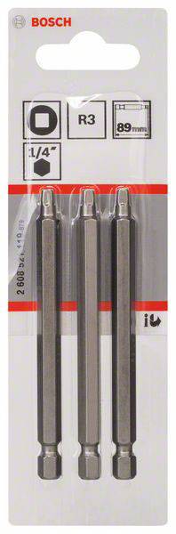 'Bosch schroevendraaierbit-set met 3 stuks: R3 model, 1/4 inch grootte, 89 mm lengte. Verpakt op hangdisplay.'