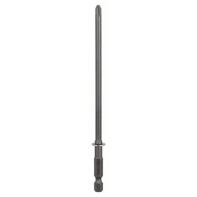 Een lange, metalen schroevendraaierbit met zeskante schacht en rechte punt, geschikt voor boormachines.