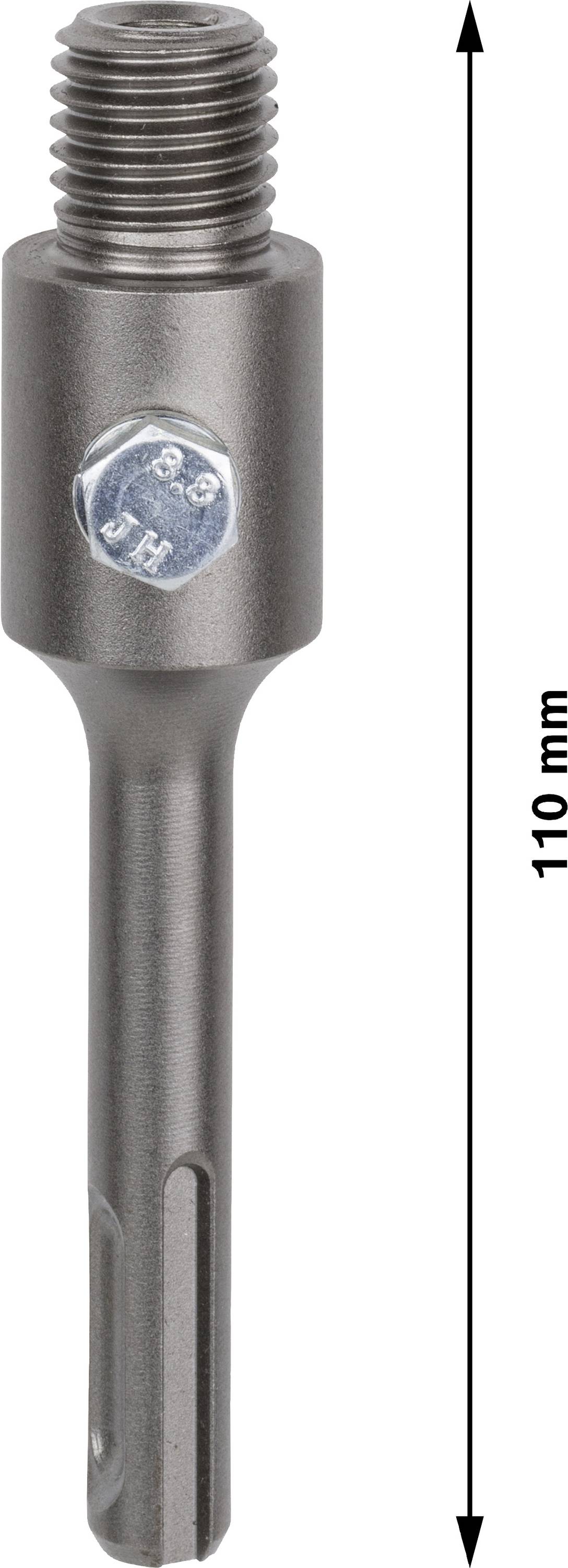 Metaalboorhouderadapter, 110 mm lang, met schroefdraad bovenaan en zeskantschroef aan de zijkant, voor gebruik met boormachines.