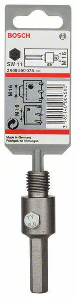 Productafbeelding van Bosch gereedschapshouder 'M6'. Toont details over compatibiliteit en specificaties: SW 11, gebruikt voor M6, M16. Made in Germany.