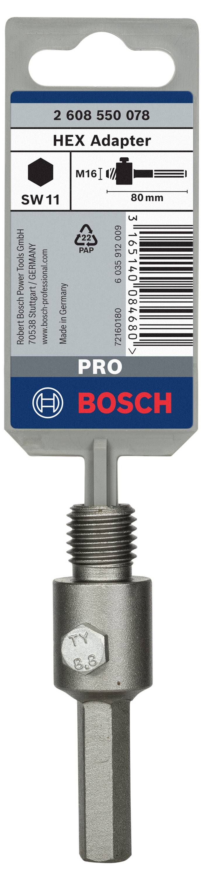 Verpakking van een Bosch HEX Adapter: Geschikt voor M10 schroefdraad, maat SW11, lengte 60mm. Productnummer en barcode afgebeeld.