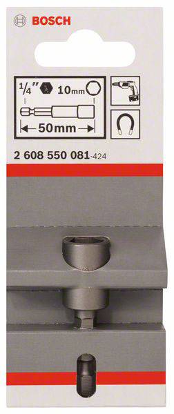 Verpakking van een Bosch-schroevendraaierbit, 50 mm lengte, compatibel met 10 mm boorkop, 1/4 inch zeskantaansluiting.