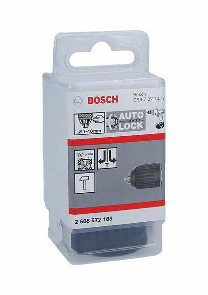 'Bosch GSR 7.2V-14.4V' boorhouder met opdruk 'AUTO LOCK', geschikt voor boren van 1-10mm. Verpakking toont een boorhoofd-symbool.