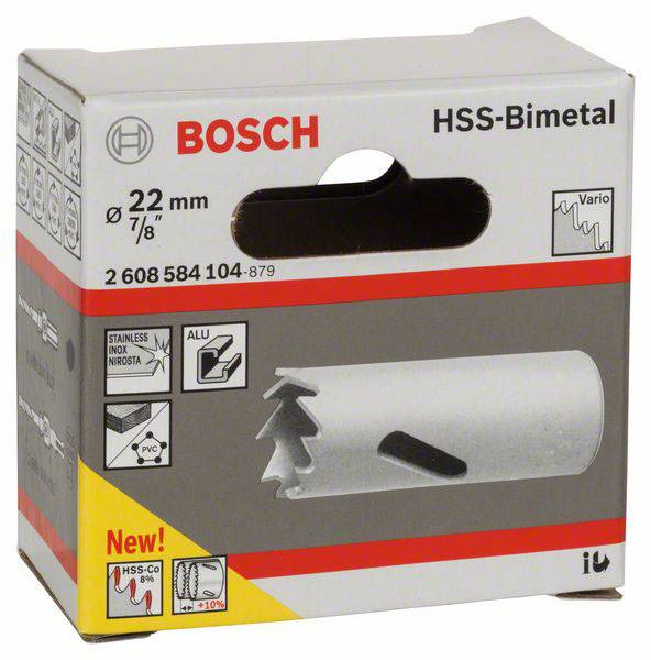'Bosch HSS-Bimetaal-gatenzaag, Ø 22 mm, geschikt voor roestvrij staal, aluminium, PVC. Bevat variabele vertanding voor snelle snedes.'