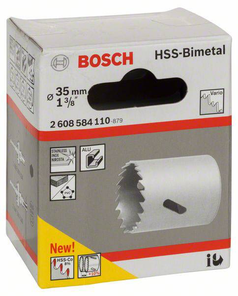 Kartonnen verpakking voor een HSS-bimetalen zaagblad van Bosch, diameter 35 mm. Grafische afbeeldingen tonen gebruiksaanwijzingen en materialen.