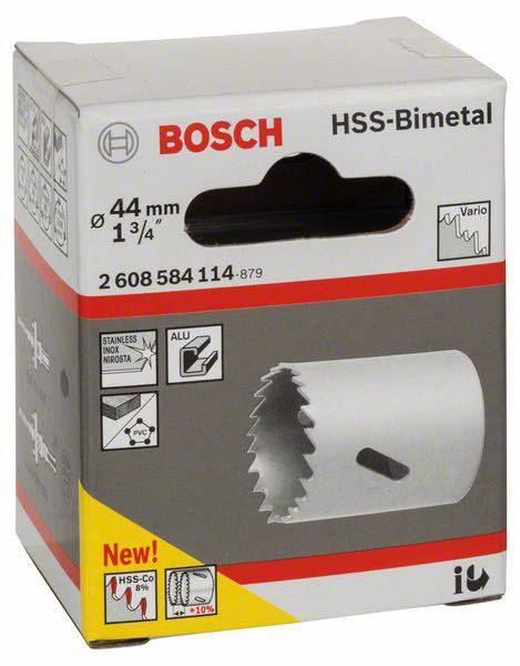 Verpakking van een Bosch HSS-bimetalen gatenzaag, diameter 44 mm, met afbeeldingen voor gebruik in hout, roestvrij staal, PVC, aluminium.