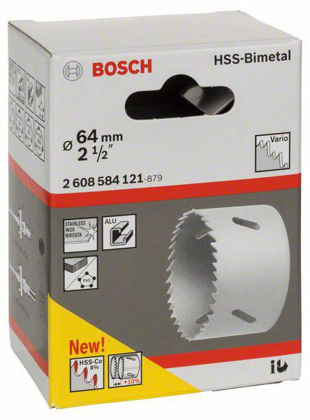 Verpakking van een Bosch HSS-bimetalen gatenzaag, 64 mm diameter, 2 1/2". Geschikt voor roestvrij staal, aluminium, hout en metaal.