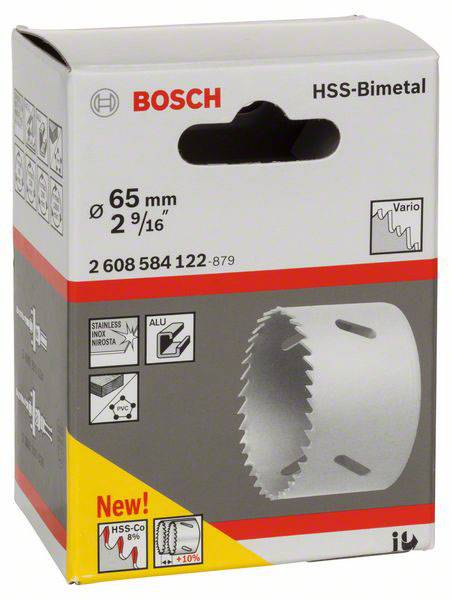 Verpakking van een Bosch HSS-bimetalen gatenzaag, diameter 65 mm, met afbeelding van de zaag en technische specificaties, voor metaalbewerking.