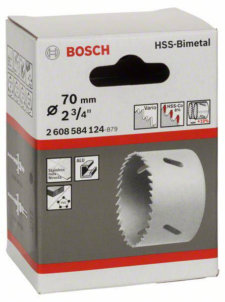 Kartonnen verpakking voor een Bosch gatenzaag van HSS-bimetaal, diameter 70 mm. Bevat symbolen voor toepassing en materialen.