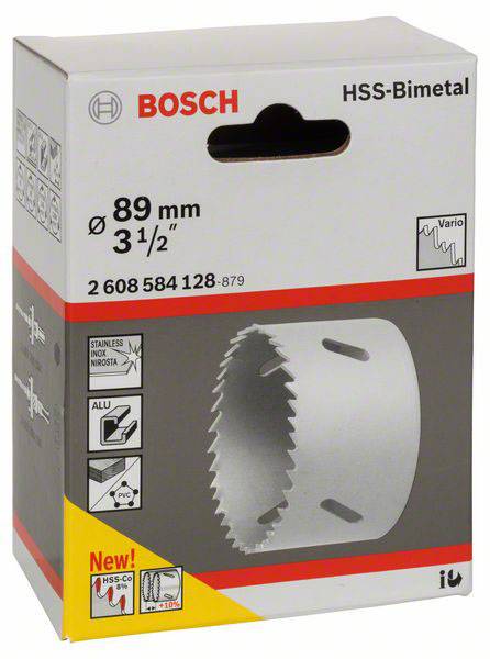 Verpakking van een Bosch HSS-bimetalen gatenzaag, diameter 89 mm. Bevat symbolen voor toepassingsgebieden: roestvrij staal, aluminium en kunststof.