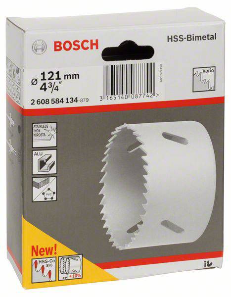 Verpakking van een Bosch HSS-bimetalen gatenzaag. Diameter: 121 mm. Geschikt voor hout en metaal. Productafbeelding op de voorzijde.