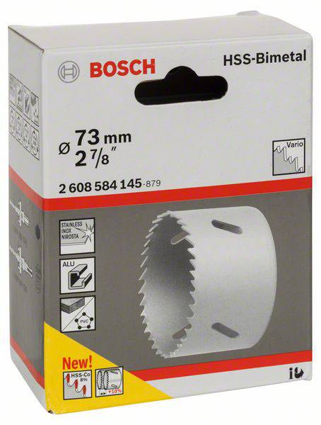 'Bosch HSS-Bimetaal gatenzaag Ø73 mm, 2 7/8 inch' Verpakking met afbeelding van de boor; geschikt voor hout, PVC, roestvrij staal.