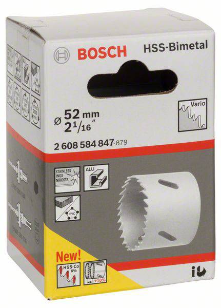 Verpakking van een Bosch HSS-bimetalen gatenzaag. Diameter 52 mm. Geschikt voor roestvrij staal, hout en pvc. Bevat QR-code.