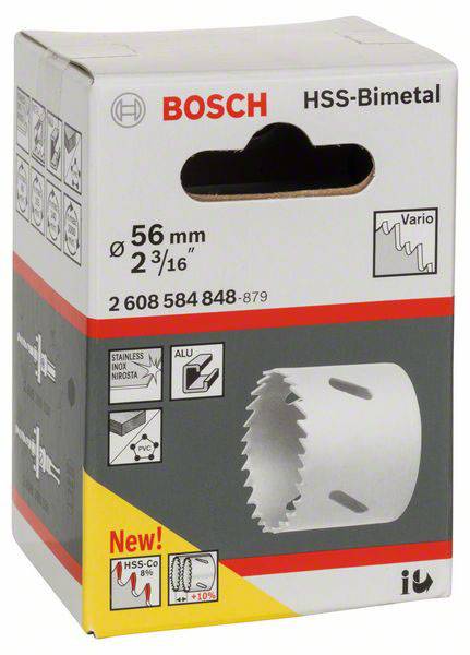 Verpakking met Bosch HSS-bimetalen gatenzaag, 56 mm diameter, toont toepassingen en materiaalgerelateerde informatie zoals staal en hout.