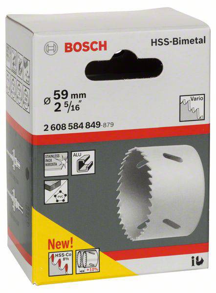 Verpakking van een Bosch HSS-bimetalen gatenzaag, 59 mm diameter. Geschikt voor roestvrij staal en aluminium. Bevat productinformatie en afbeeldingen.