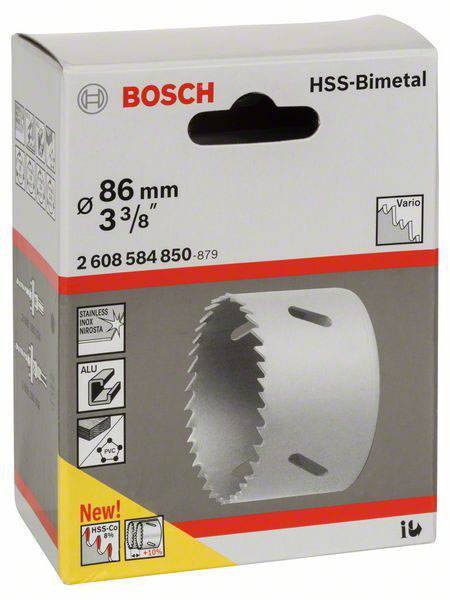 Verpakking van een Bosch HSS-bimetalen gatenzaagopzetstuk, diameter 86 mm. Geschikt voor roestvrij staal, metaal en aluminium.