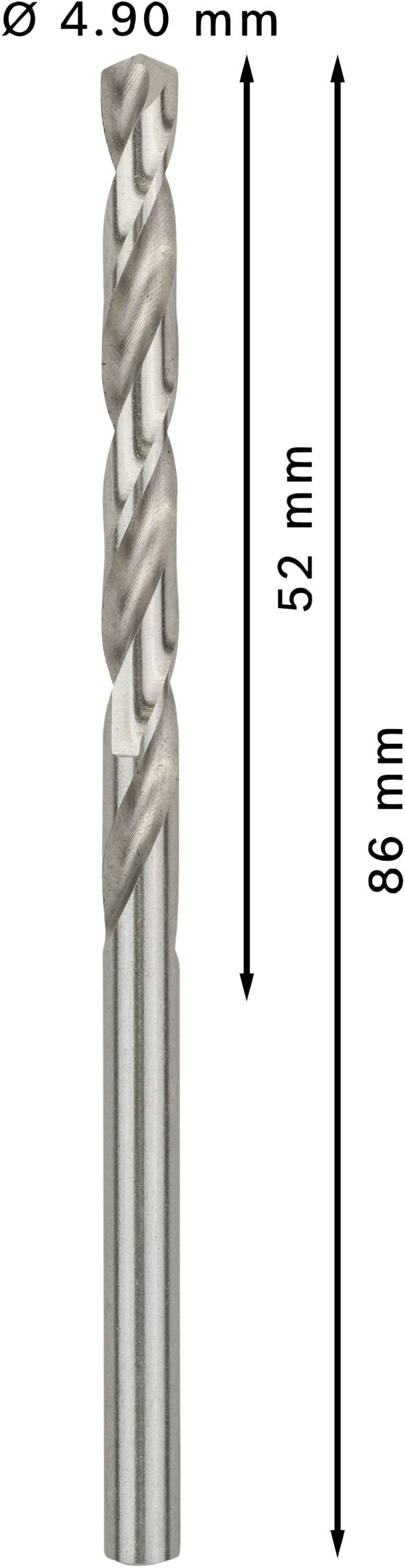 Boor met een diameter van 4,90 mm, totale lengte 86 mm, en een werklengte van 52 mm.