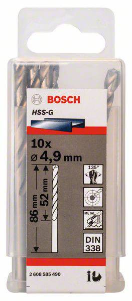 Verpakking voor Bosch HSS-G metaalboren 4,9 mm, 10 stuks. Bevat ook symbolen voor 135-graden punt en DIN 338-norm.