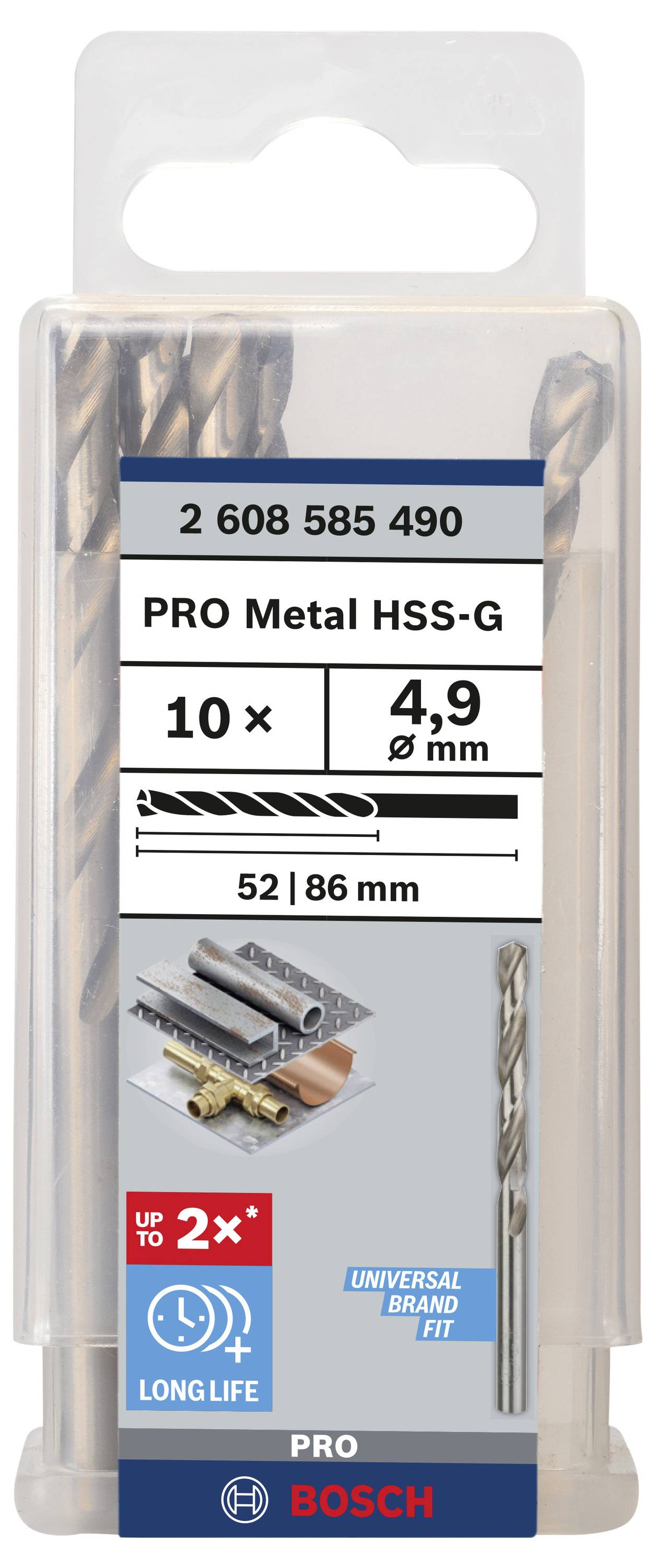 Verpakking van Bosch PRO Metal HSS-G boren, 10 stuks, diameter 4,9 mm. Geschikt voor metaal, met hoge duurzaamheid.