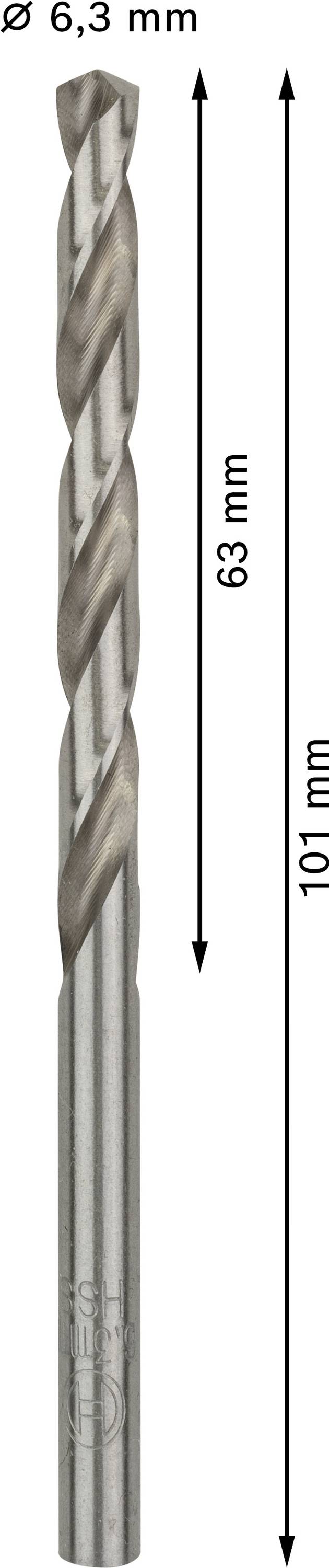 Boor met 6,3 mm diameter en 101 mm totale lengte. Het snijgedeelte is 63 mm lang.