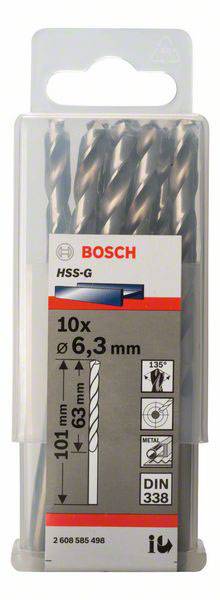 Verpakking met tien Bosch HSS-G metaalboren, diameter 6,3 mm, lengte 101 mm, norm DIN 338, ideaal voor precies boren in metaal.