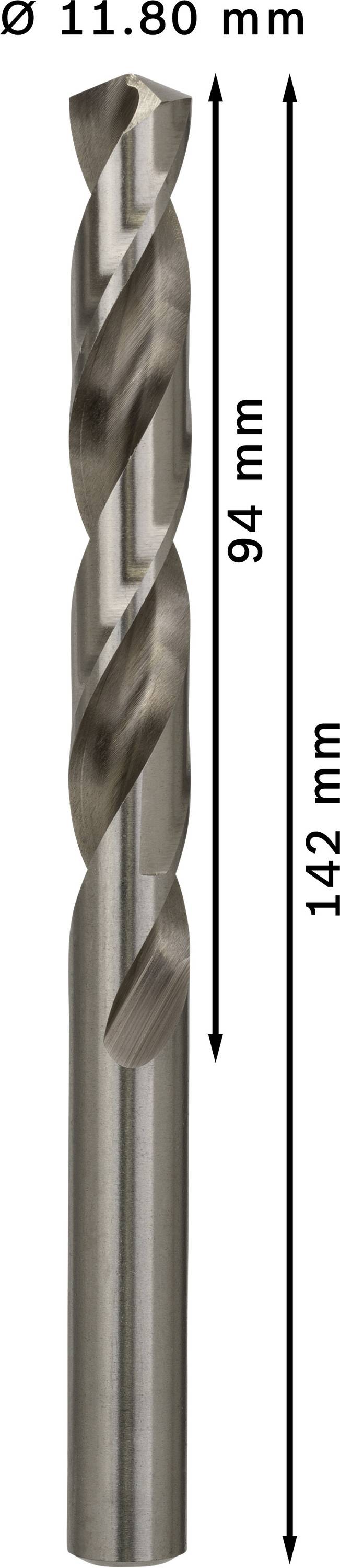 De afbeelding toont een metaalboor met een diameter van 11,80 mm. De spiraallengte bedraagt 94 mm en de totale lengte 142 mm.