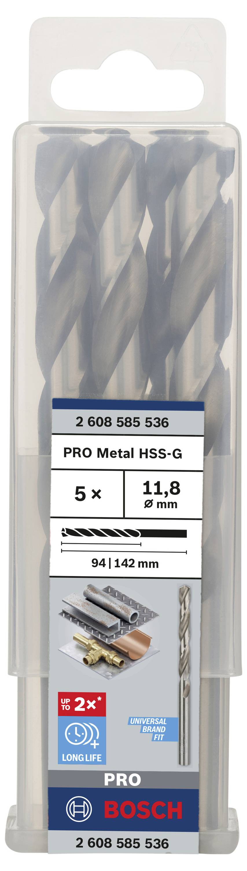 Een transparante Bosch-borenset voor metaal, 5 HSS-G stuks, 11,8 mm diameter, geschikt voor precisie boren.