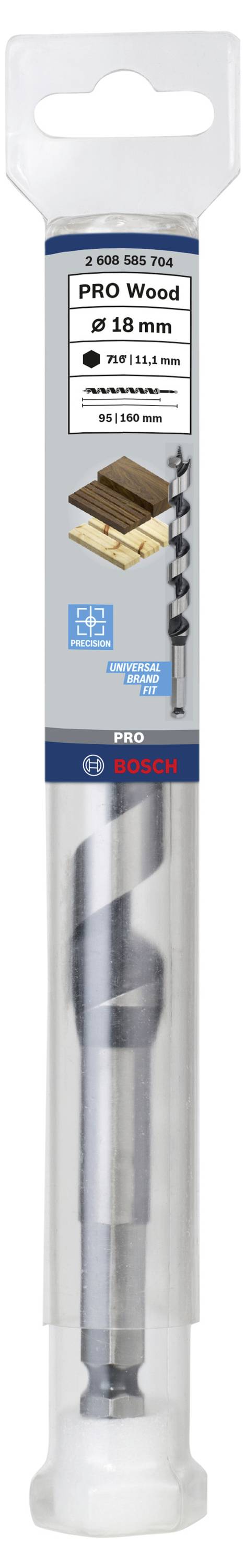 Houtboor met 18 mm diameter van Bosch, in transparante verpakking. Geschikt voor nauwkeurig boren in houten planken.