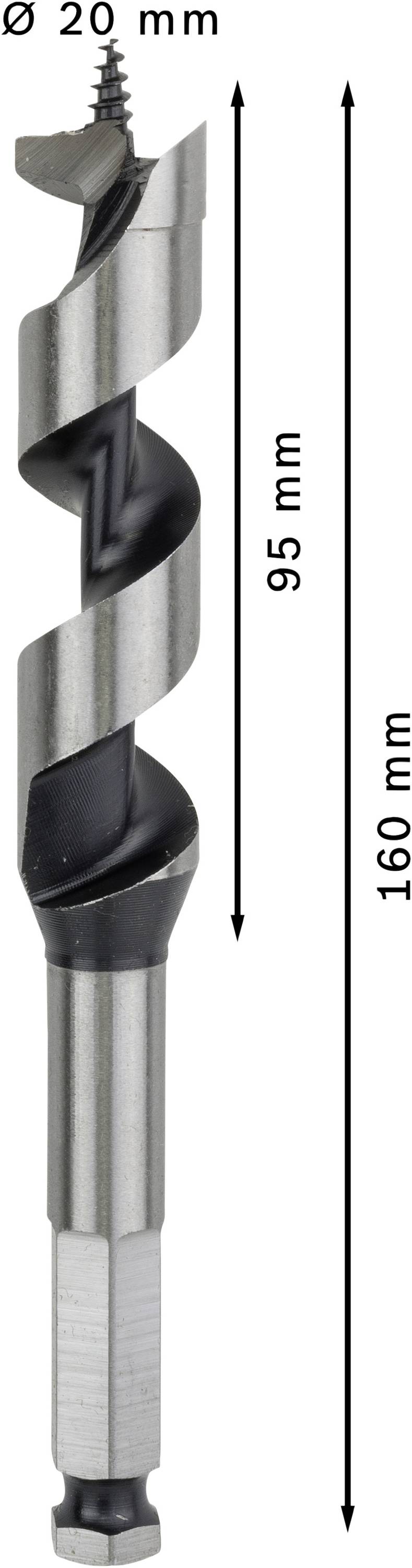 Boor met 20 mm diameter, totale lengte 160 mm, spiraallengte 95 mm.